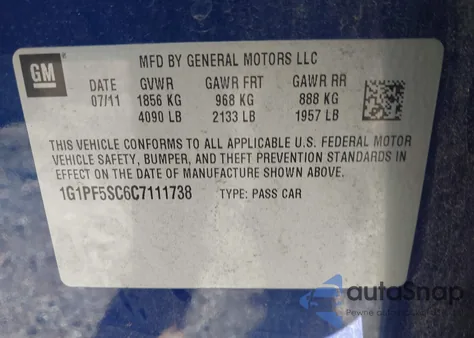 2012 Chevrolet Cruze 1Lt from USA, damaged, VIN 1G1PF5SC6C7111738